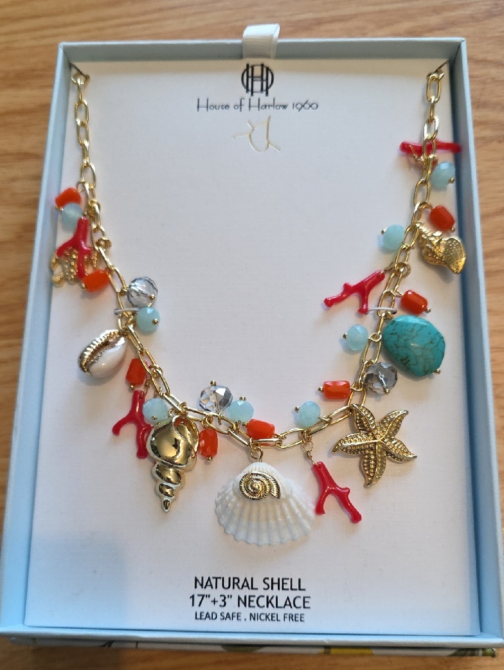 House of Harlow 1960 Gold Beach Charm Necklace with Turquoise and Coral Accents